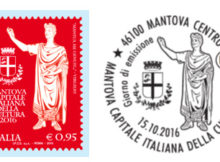 Francobollo celebrativo Mantova Capitale Italiana della Cultura 2016 e annullo timbro filatelico per annullo