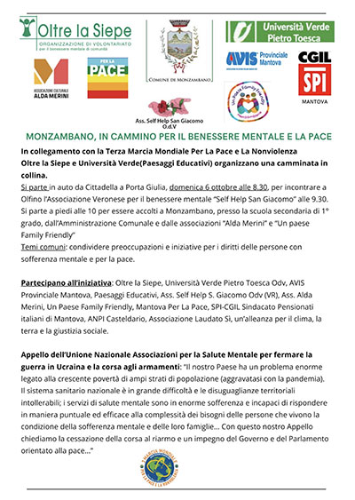 Domenica 6 ottobre 2024 camminata per la pace e la nonviolenza a Monzambano (Mantova) 2024