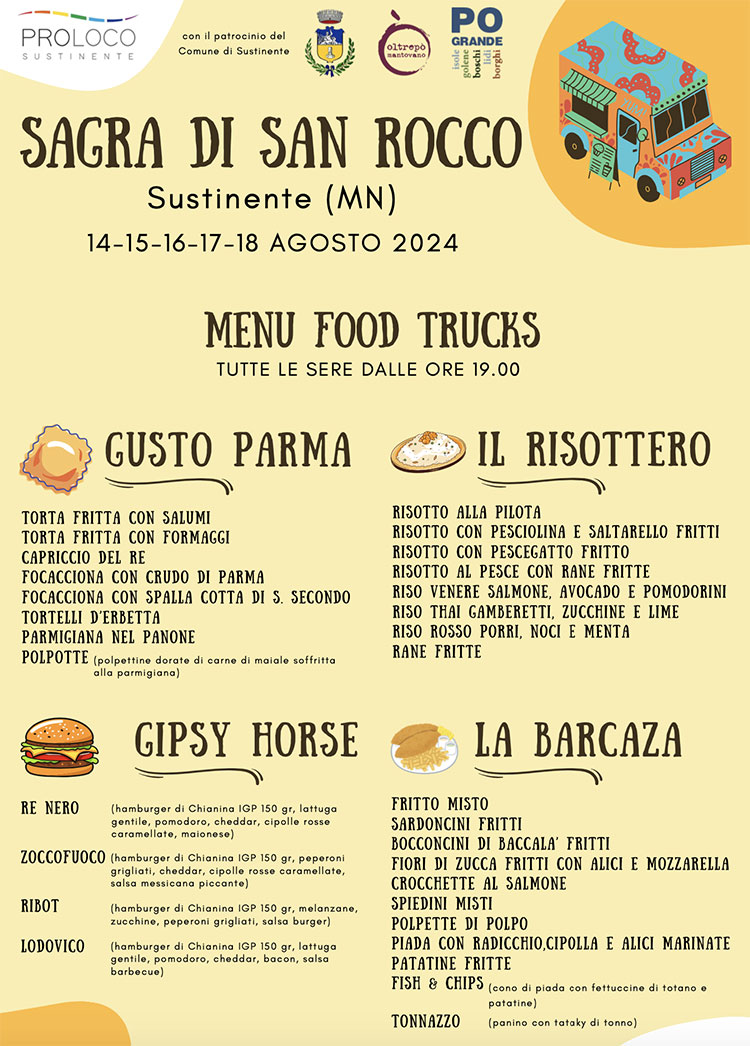 menu food trucks Sagra S.Rocco Sustinente (Mantova) 2024